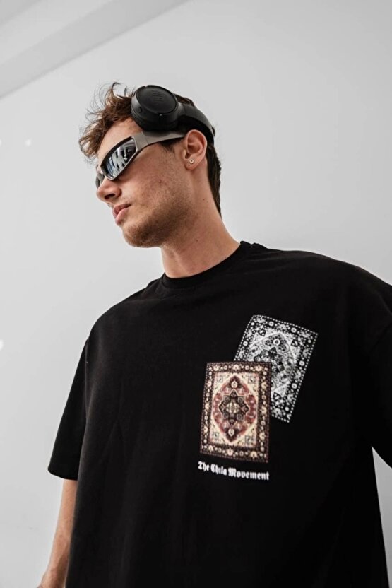 Erkek Baskılı Oversize T-shirt - Siyah