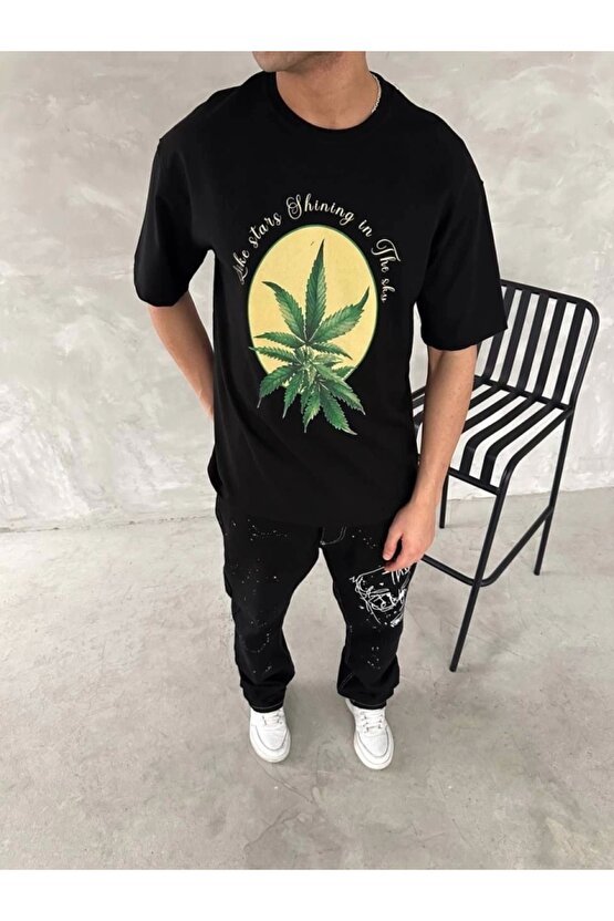 Ön Ve Arka Baskılı Oversize Bisiklet Yaka T-shirt- Siyah