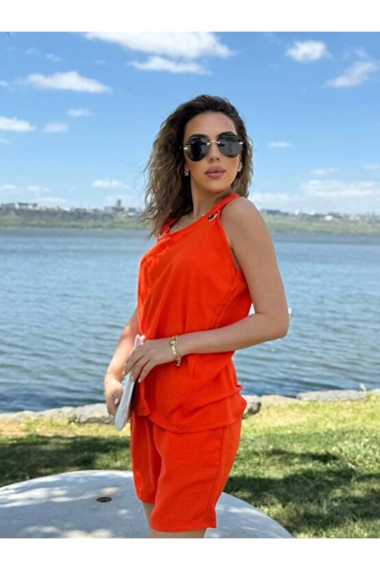 Kadın Kolsuz V Yaka Kuş Gözü Detay Bluz Short Aerobin Ikili Takım