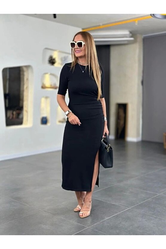 Kadın Kısa Kollu Bisiklet Yaka Yandan Yırtmaçlı Viskon Iki Iplik Elbise