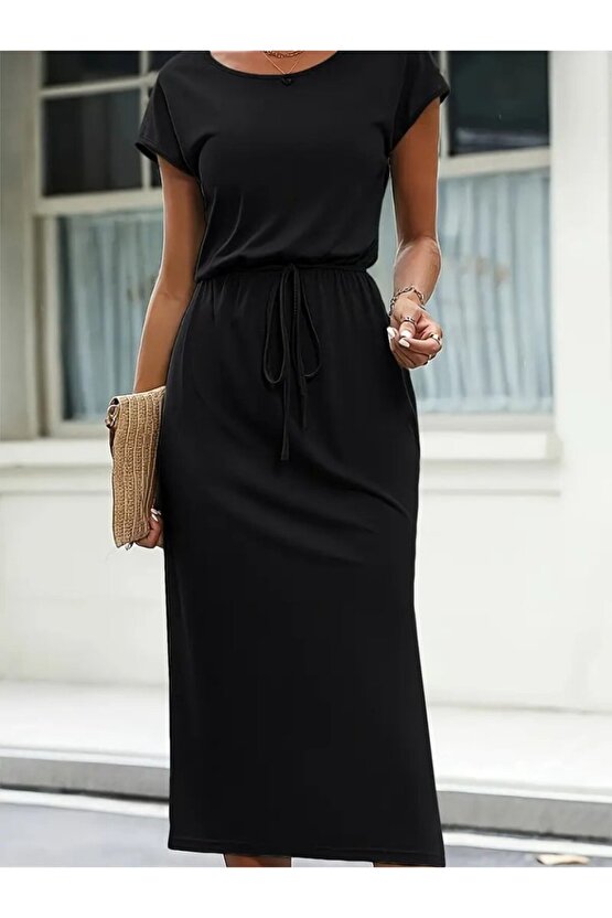 EGECEN Kadın Kısa Kollu Yakası Açık Belden Kuşaklı Yandan Yırtmaçlı Midi Viskon Elbise