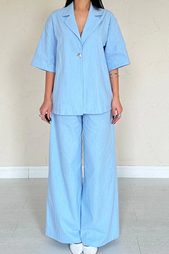 Mavi Önü Tek Düğmeli Ceket Pantolon Takım