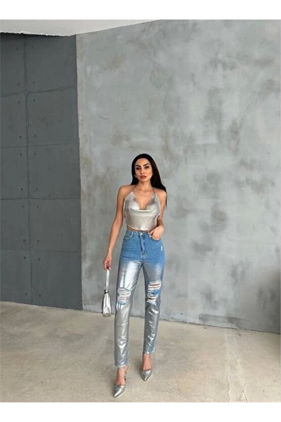 DİZ YIRTIK VARAKLI MOM KOT PANTOLON Gümüş