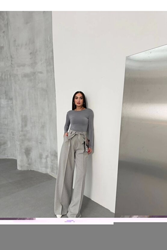 Sante Çizgili Bel Kuşakli Palazzo Pantolon