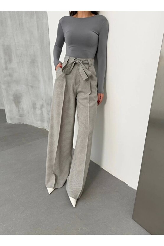 Sante Çizgili Bel Kuşakli Palazzo Pantolon