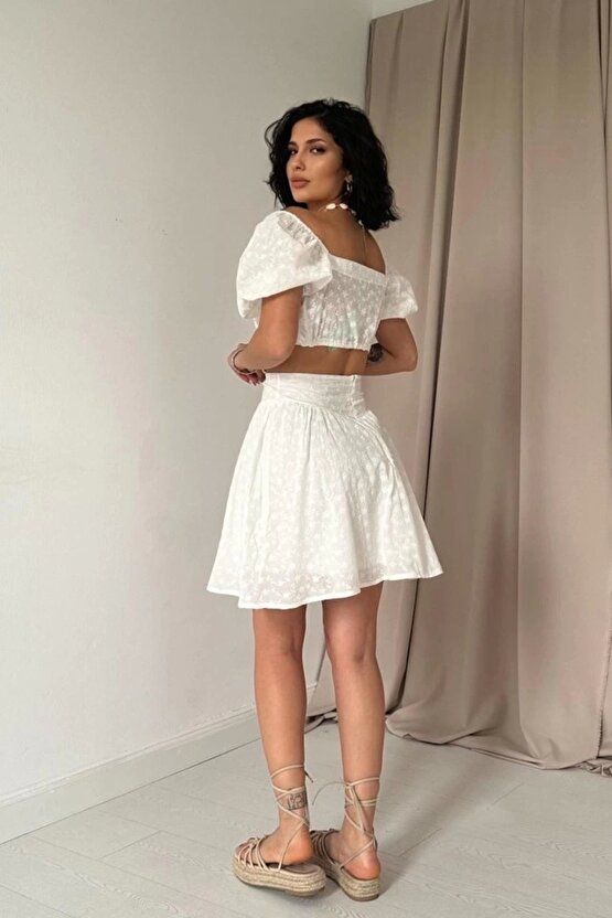 Ekru Brode Crop Ve ini Etek Takım