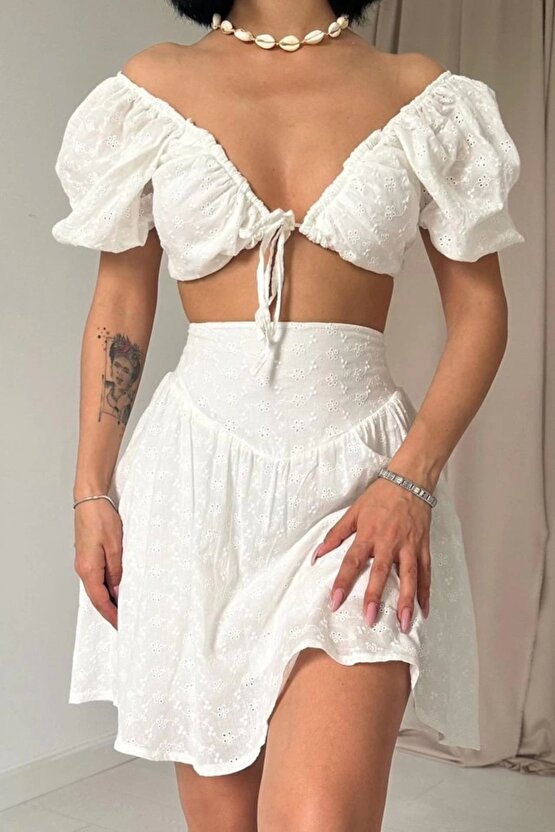Ekru Brode Crop Ve ini Etek Takım