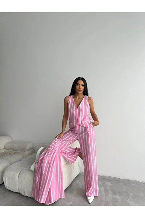 ÇİZGİİ CEKET KETEN Pembe