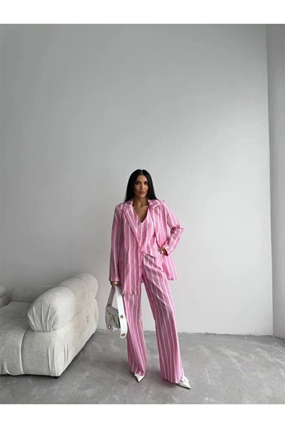 ÇİZGİİ CEKET KETEN Pembe