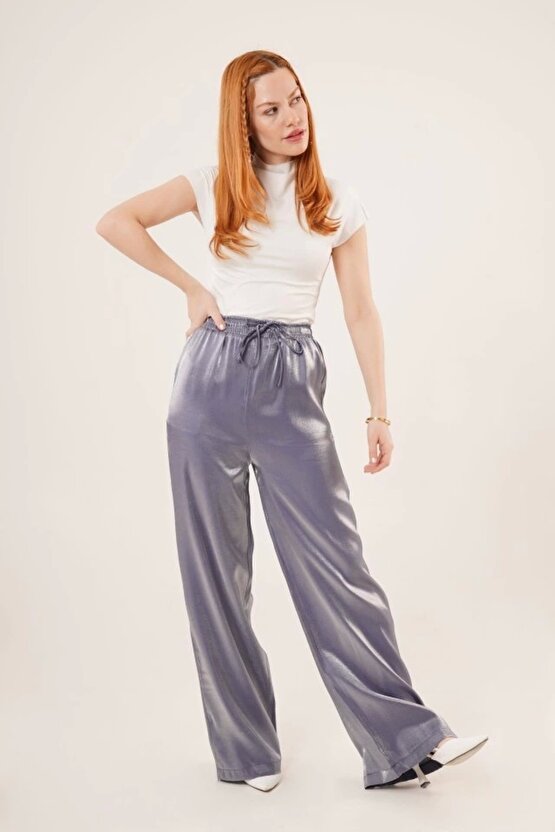 Parlak Görünümlü Cepli or Bol Paça Pantolon