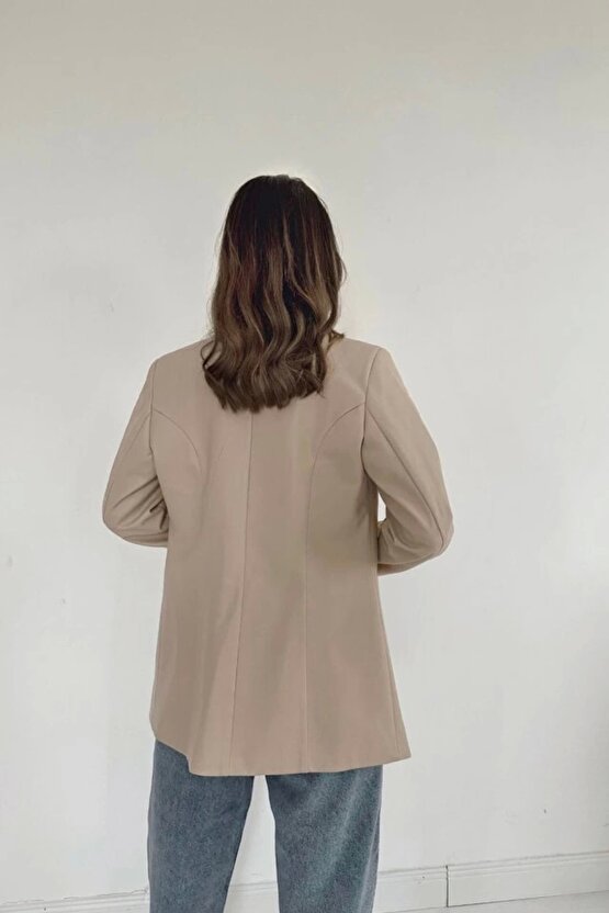 Bej Düğmeli Deri Ceket