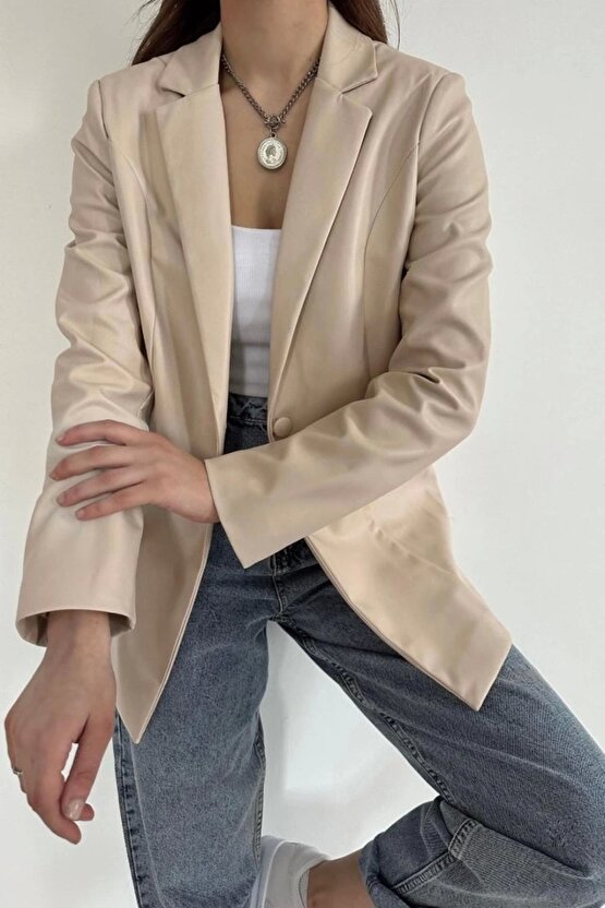 Bej Düğmeli Deri Ceket