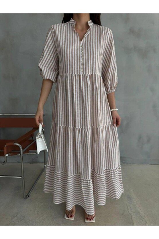 ÇİZGİLİ KETEN HAKİM YAKA DÜĞMELİ SALAŞ ELBİSE - Kahverengi