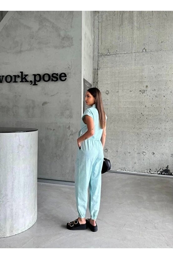 ÇİZGİLİ KETEN KOLSUZ CROP PANTOLON TAKIM - Yeşil