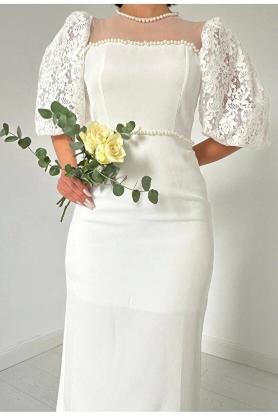 Beyaz İncili Tül Detay Elbise