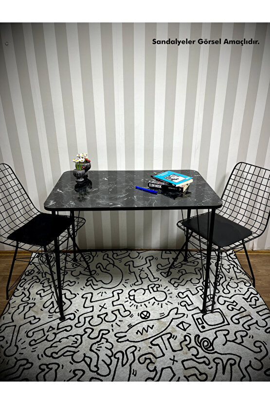 Siyah Metal Ayaklı 60x90 Siyah Mermer Desen Mutfak Masası -Balkon Masası-Çalışma Masası