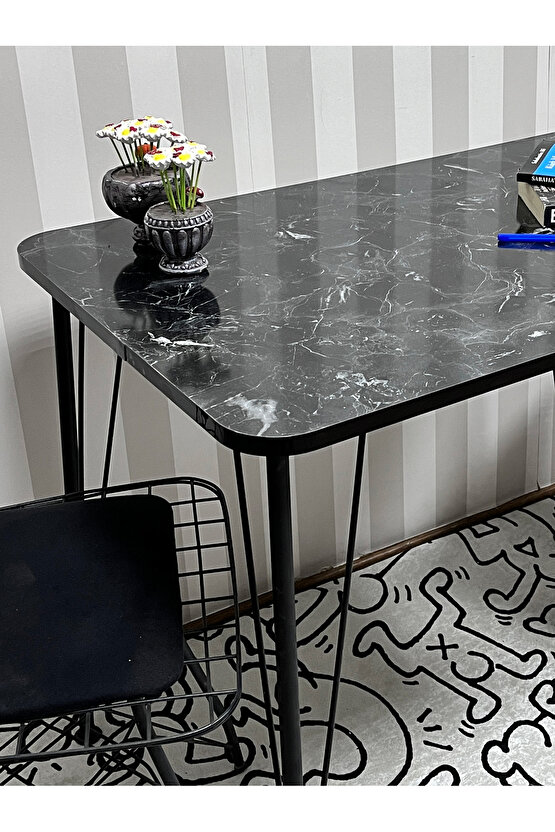 Siyah Metal Ayaklı 60x90 Siyah Mermer Desen Mutfak Masası -Balkon Masası-Çalışma Masası
