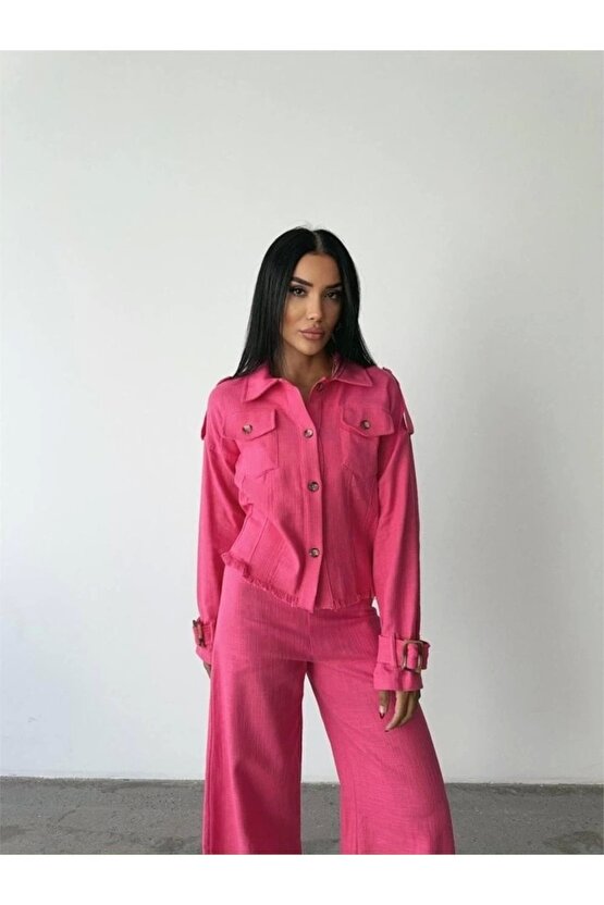 KETEN PÜSKÜL DETAYLI GÖMLEK-PANTOLON TAKIM - Fuşya