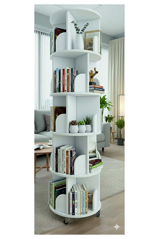 360° Dekoratif Döner Kitaplık -GERÇEK MDF LAM 5 Katlı20 Raflı - BEYAZ