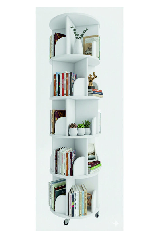 360° Dekoratif Döner Kitaplık -GERÇEK MDF LAM 5 Katlı20 Raflı - BEYAZ