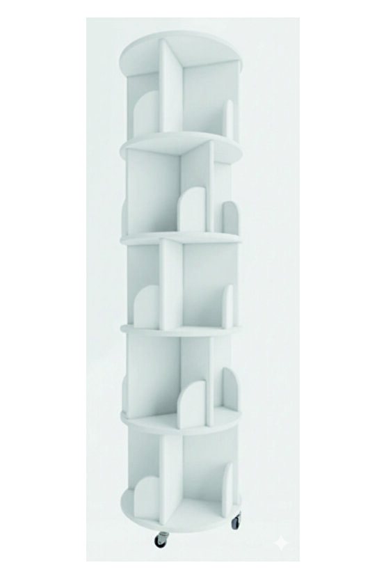 360° Dekoratif Döner Kitaplık -GERÇEK MDF LAM 5 Katlı20 Raflı - BEYAZ