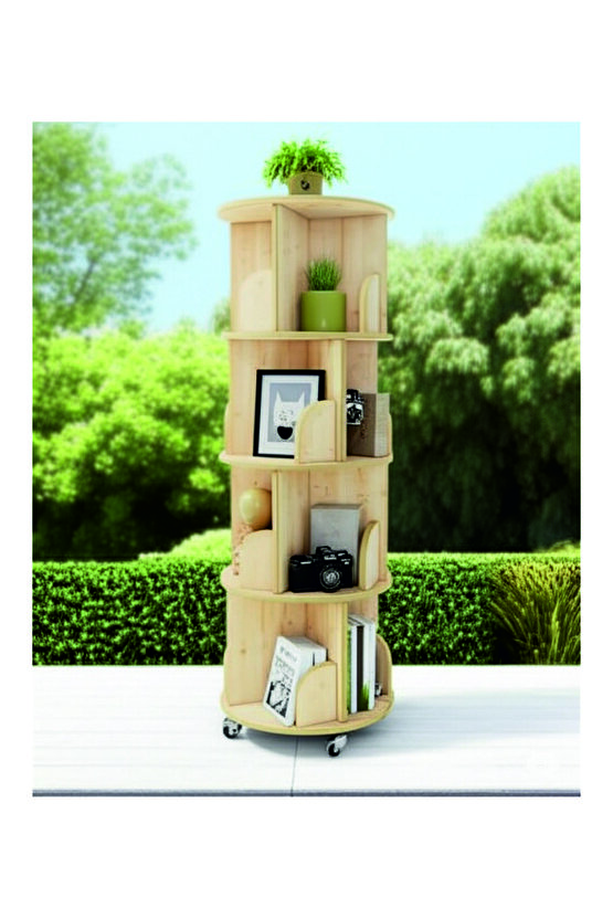 tekerlekli Dekoratif Döner Kitaplık - 133x45 Cm - Safir Meşe