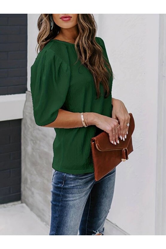 Kadın Kısa Kollu Pileli Balın Kol Bürümcük Bluz
