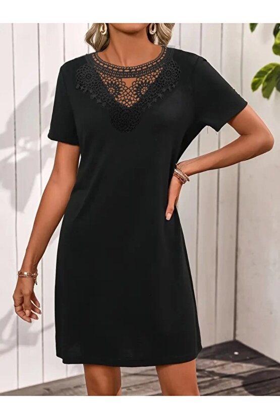 Kadın Kısa Kollu Dantel Yakalı Kısa Viskon Elbise