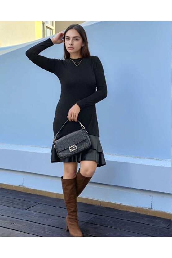 Kadın Uzun Kollu Bisiklet Yaka üst Viskon Etek Ucu Deri Kısa Elbise