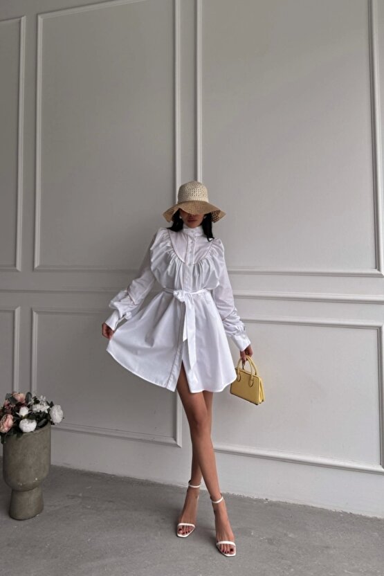 ÖNDEN DÜĞMELİ POPLİN KLOŞ ELBİSE BAĞLAMA KEMER DETAYLI - Beyaz