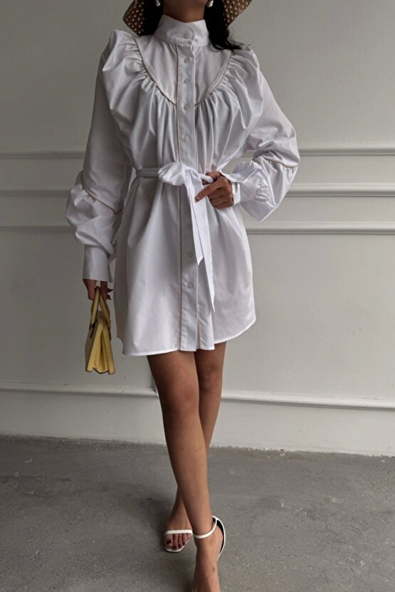 ÖNDEN DÜĞMELİ POPLİN KLOŞ ELBİSE BAĞLAMA KEMER DETAYLI - Beyaz