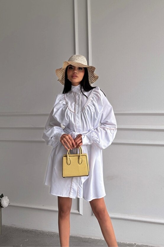 ÖNDEN DÜĞMELİ POPLİN KLOŞ ELBİSE BAĞLAMA KEMER DETAYLI - Beyaz