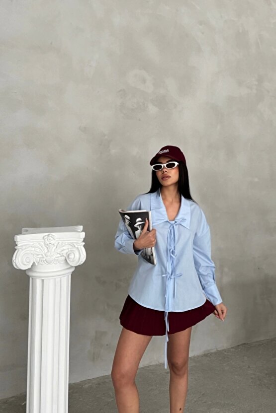 OKUL YAKA POPLİN GÖMLEK İP BAĞLAMA DETAYLI - Bebe Mavi