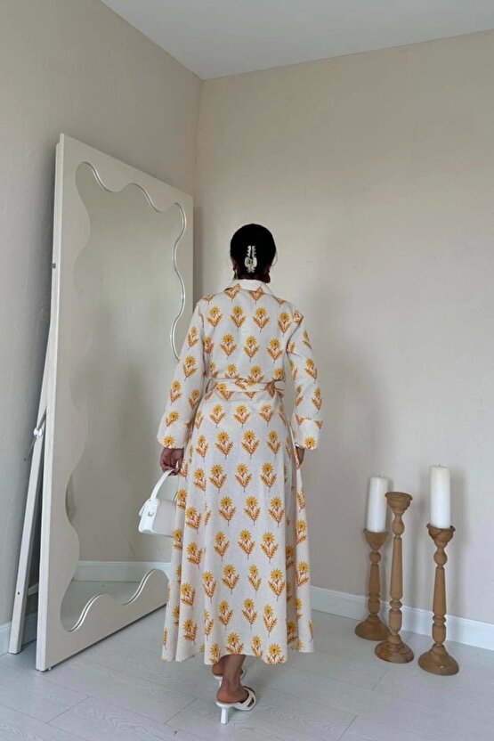 Bej Desenli Ve Önü Düğmeli Keten Elbise