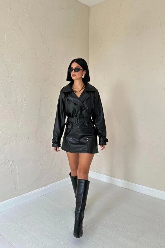 Siyah Kemerli Deri Ceket
