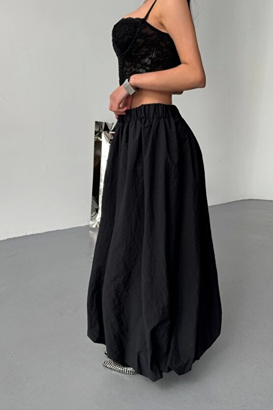 BEL LASTİKLİ BALON ETEK ŞANEL BOY SOFT KUMAŞ - Siyah