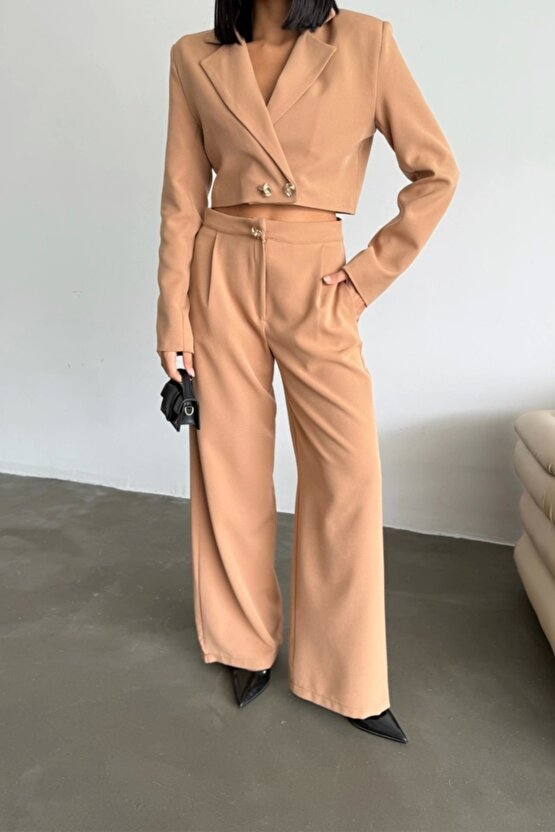 CROP CEKET - PANTOLON TAKIM GOLD DÜĞME DETAYLI - Kahverengi