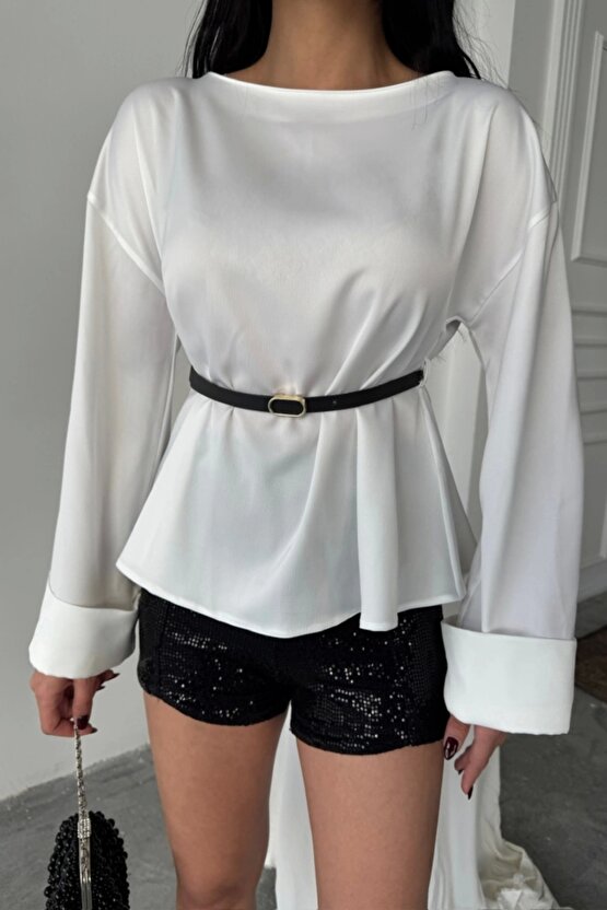 KEMER DETAYLI SATEN BLUZ - Beyaz
