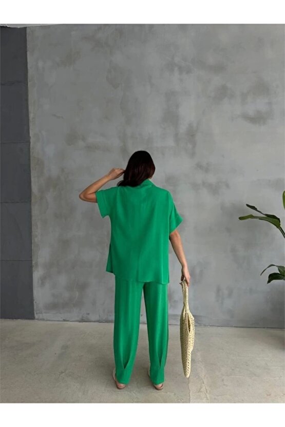OMUZ MİDYE SIRALI BLUZ - PAÇA PENSLİ PANTOLON TAKIM - Yeşil
