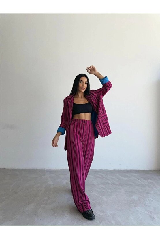 OTTOAN ÇİZGİİ CEKETPANTOON TK  Fuşya