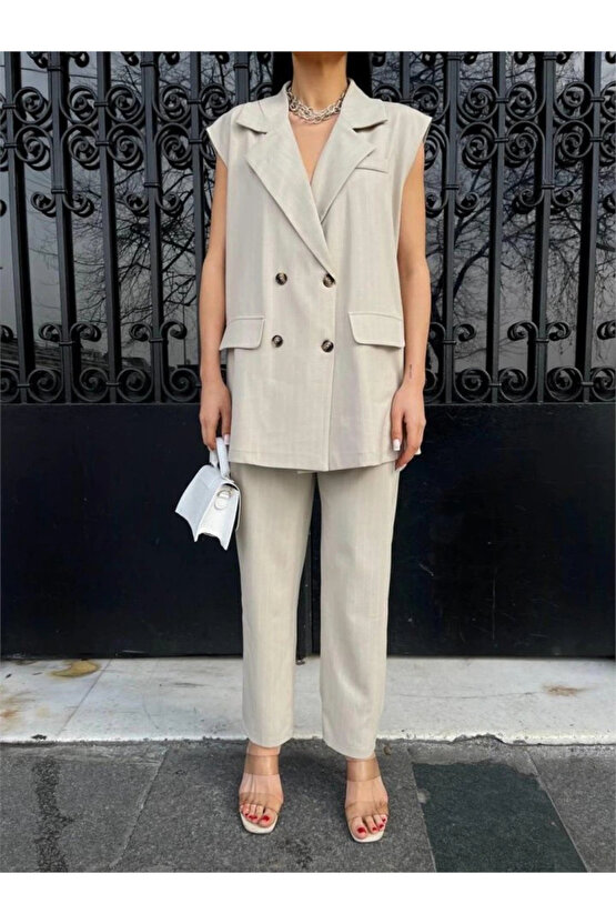 ÇİZGİİ UZUN YEEK PANTOON TAKI POVİCON Bej