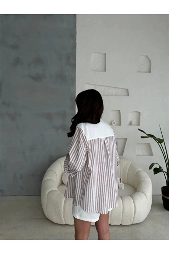 GABARDİN ŞORT GABARDİN ÇİZGİİ KETEN GARNİİ CEKET TAKI Kahverengi