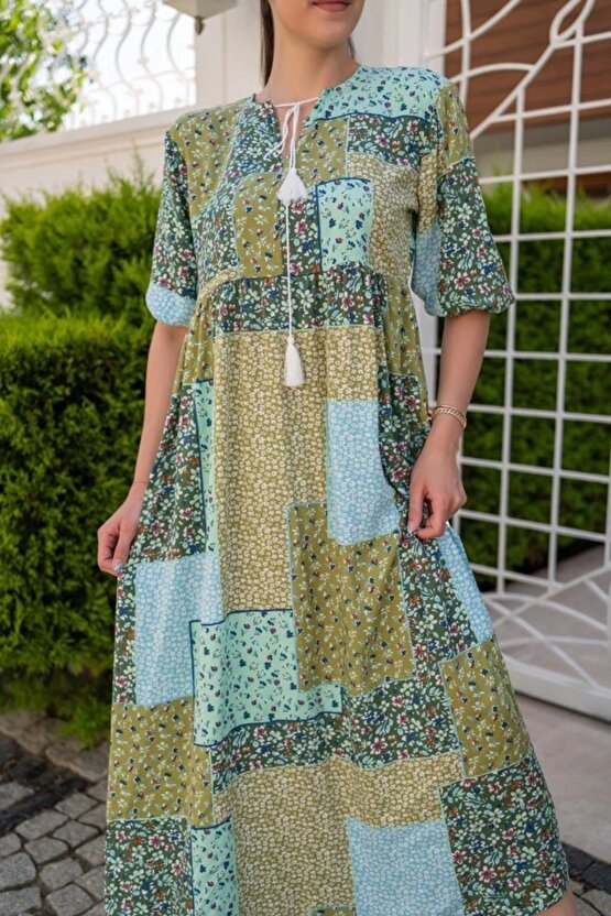 Yeşil alaş Desenli Elbise