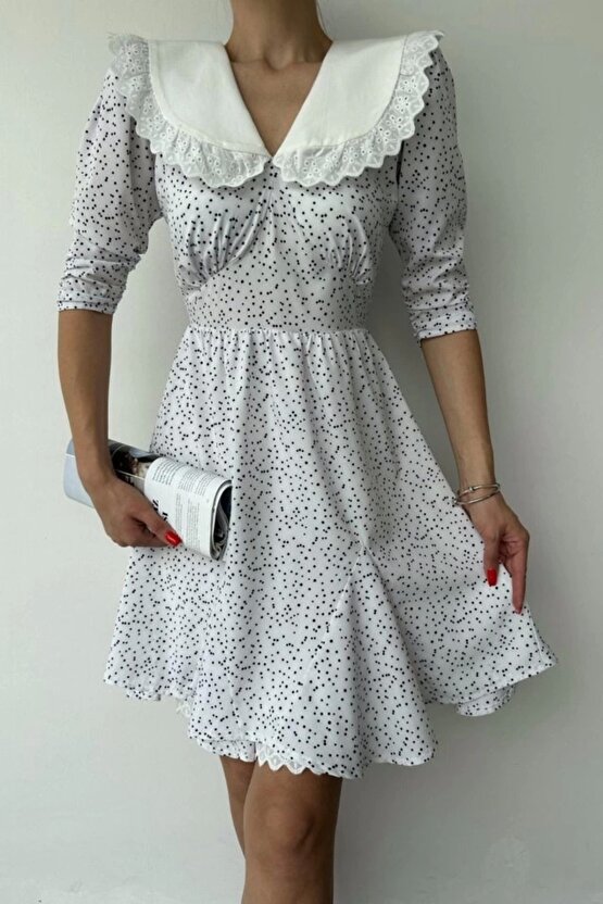 Beyaz Puantiyeli Önlük Yaka Elbise