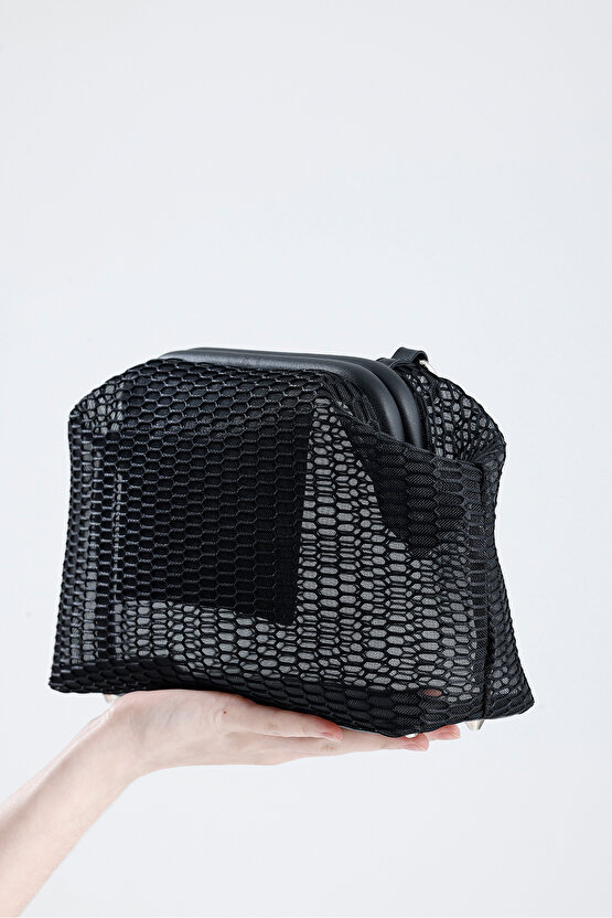 Heybes Kadın Siyah Petek Desenli Şeffaf Clutch El Çantası