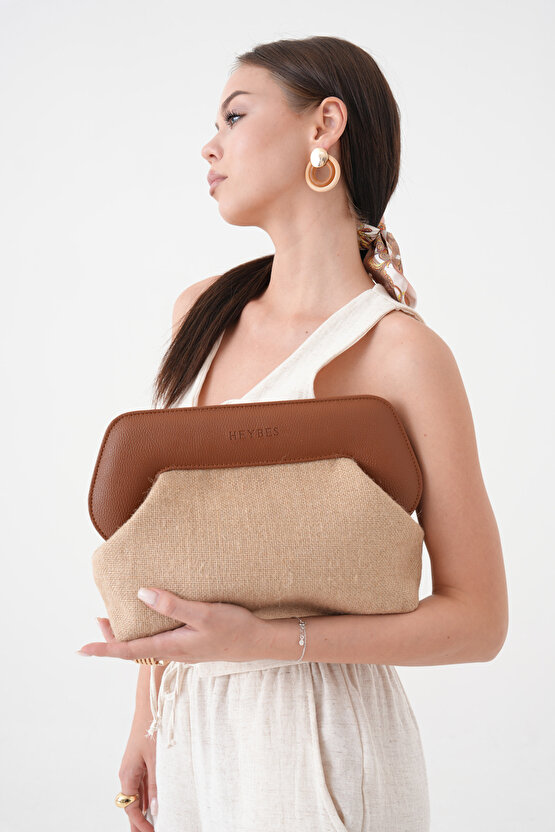 Heybes Kadın Kahve Deri Detaylı Jüt Clutch El Çantası