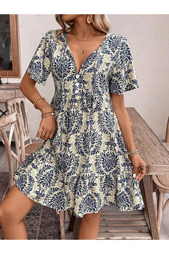 Kadın Kısa Kollu Yakadan Bağcıklı Desenli Fırfırlı Süprem Elbise