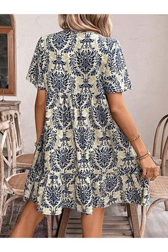 Kadın Kısa Kollu Yakadan Bağcıklı Desenli Fırfırlı Süprem Elbise