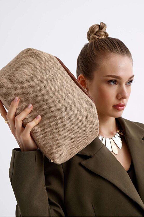 Heybes Kadın Kahve Biyeli Jüt Hasır Clutch El Çantası