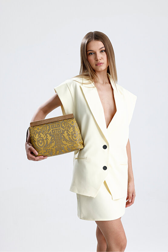 Heybes Kadın Hardal Otantik Desen Clutch Çanta